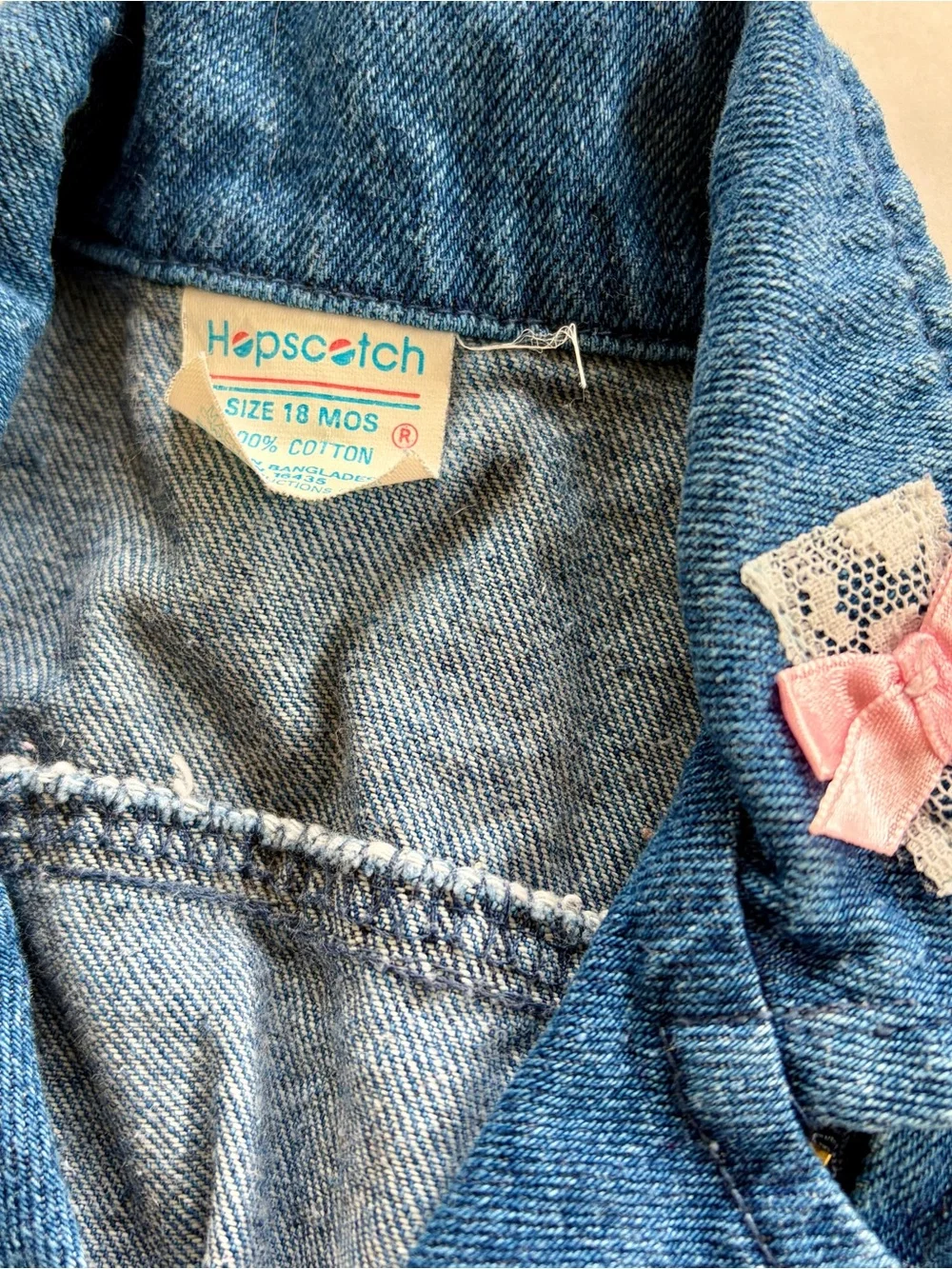 Vintage Girls Hopscotch Denim Jacket with Lace and Pink Ribbon 18 months